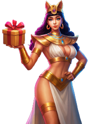 Golden Egyptian queen holding a gift box from HOKI online casino slot theme