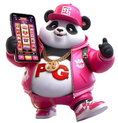 Cartoon panda wearing a pink jacket holding a slot machine phone, HOKI Casino character