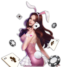 Sarah Adelia dressed as a bunny girl surrounded by playing cards in HOKI Casino theme